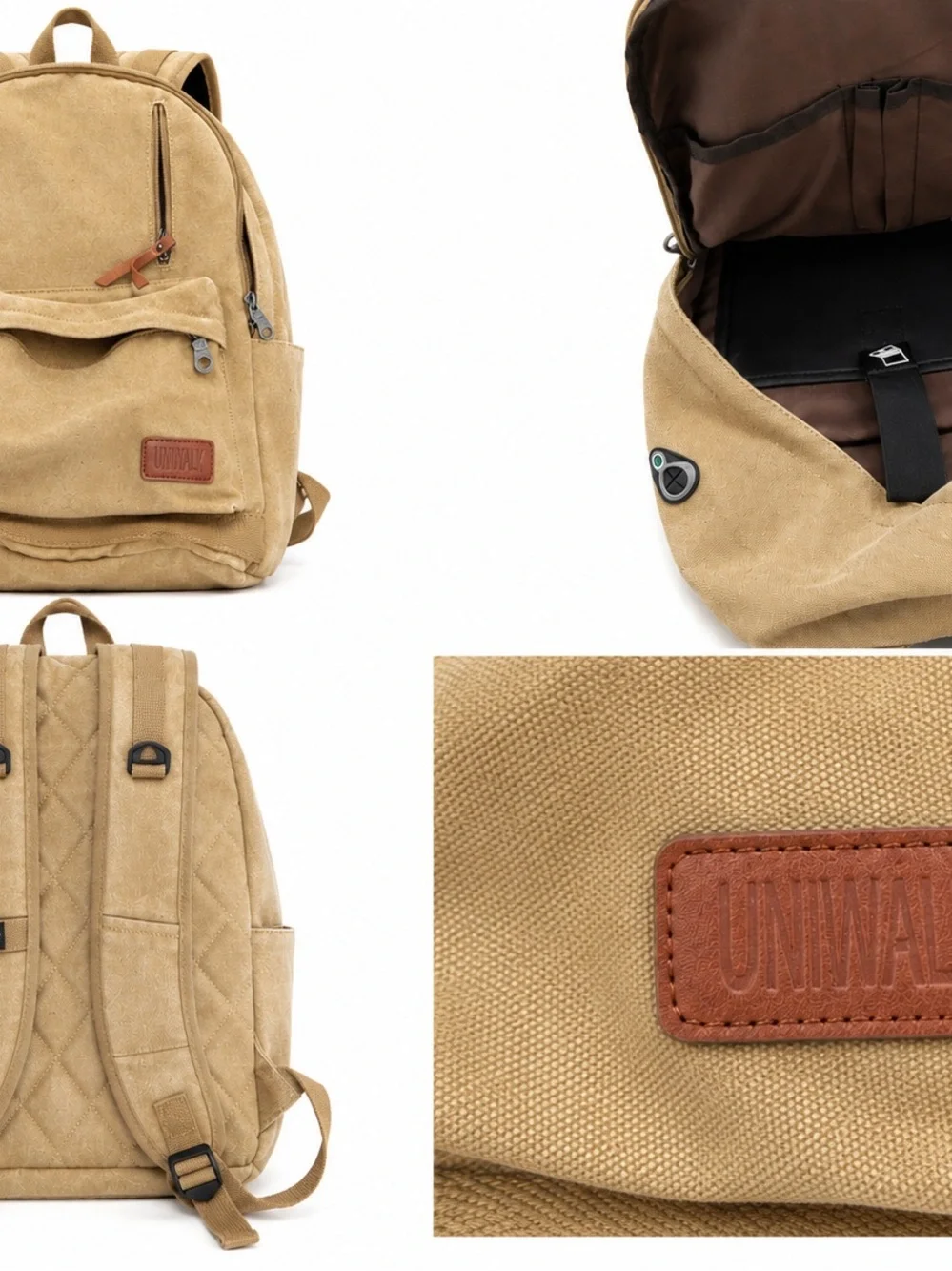 UNIWALK Tan Canvas Backpack Laptop Travel School Bag Vintage Style